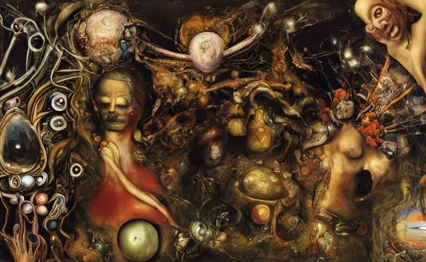 Prompt: an oil painting by arcimboldo, by georgia o keeffe, by botticelli, by giger, by frank frazetta, by gustave moreau, by beksinski, seen through a kaleidoscope, vanity, broken, nerve system, medical, jewels, nebula, space, tonalism, merged