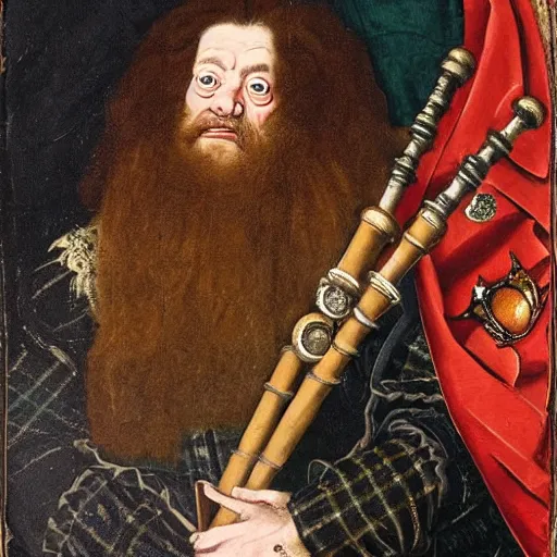 Prompt: a realistic 1 7 th century portrait of harry, a man with scottish features and exceptionally large bagpipes wearing quilts and wielding a wand. very pale, with a large pointy nose. hagrid in the background and hedwig on his shoulder