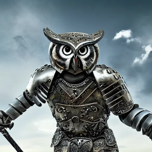 Image similar to warrior with metal owl armour, highly detailed, 4k, HDR, smooth, sharp focus, hyper realistic, high resolution, award-winning photo