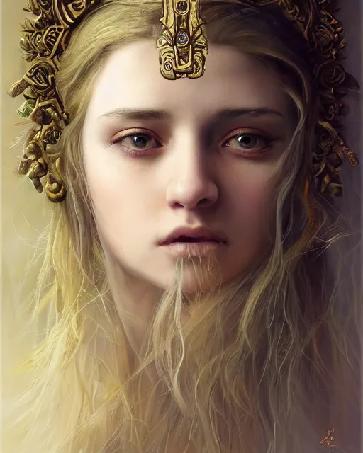 Prompt: young poppy goddess, portrait, beautiful face, long hair, emotionally evoking symbolic metaphor, head in focus, fantasy, ornamental, intricate, elegant, sensual, highly detailed digital painting, artstation, concept art, smooth, golden ratio, sharp focus, illustration, art by John Collier and Krenz Cushart and Artem Demura and and Greg Rutkowski and Alphonse Mucha and Albert Aublet