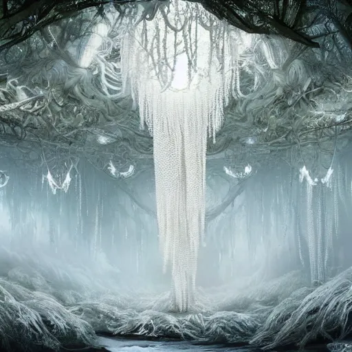 Image similar to under an white intricate like jewels epic forest suspended in the air upside down, a white pool with intricate epic circles of water within which float phantasmagoric biorobotic humanoids, dressed in intricate veils and jewels, epic environment, matte painting, diffused lighting, highly detailed, cinematic, epic atmosphere, digital art, trending on artstation, wide angle