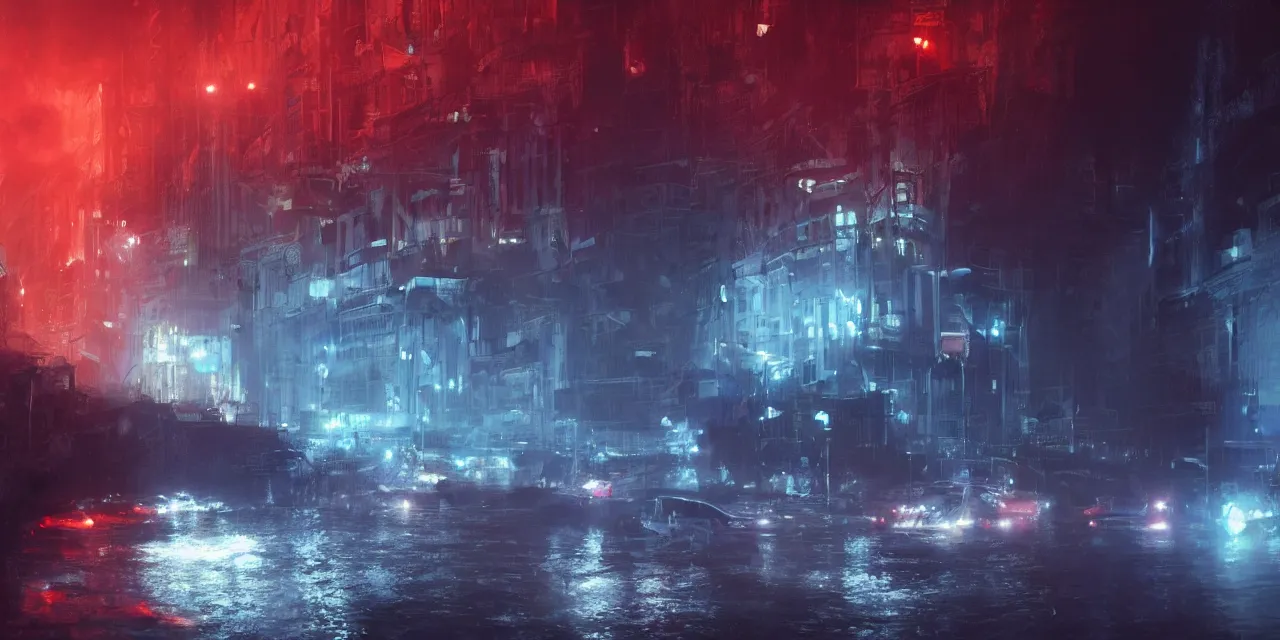 Image similar to street level view of turbulent river rapids rushing through a city at night , volumetric lighting, blue and red glowing lights, 4k, octane, digital painting, artstation, concept art, sharp focus, illustration, high contrast, high saturation , cinematic film still, by Jeremy Mann