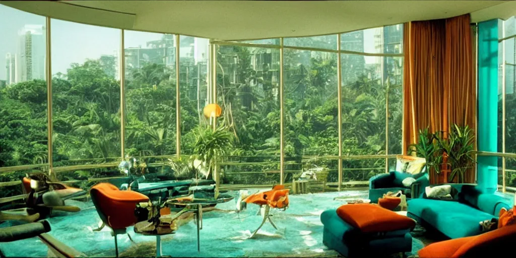 Image similar to a luxury apartment with large windows, 1 9 8 0 s science fiction, windows overlooking a lush alien teal and orange jungle landscape, sci - fi film still, screenshot from a science fiction movie, ridley scott,