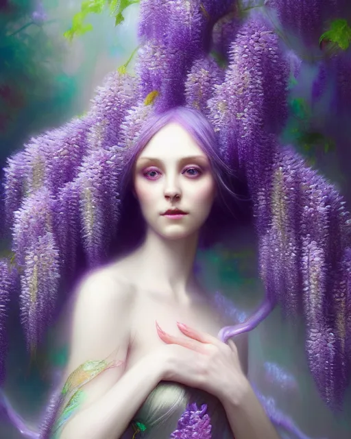 Image similar to Full View Portrait Mystical ethereal wisteria deity wearing beautiful dress, wisteria Dryad, 4k digital masterpiece by Anna dittman and Ruan Jia and Alberto Seveso, fantasycore, Hyperdetailed, realistic oil on linen, soft lighting, wisteria background, featured on Artstation