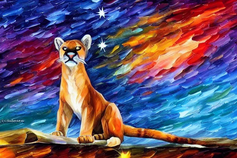 Image similar to the night sky, stars forming the shape of a cougar, dull colours, sky focus, night time, trending on artstation, artwork by leonid afremov