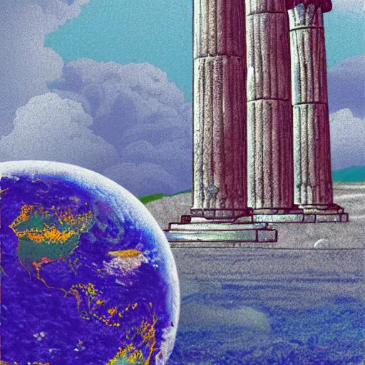 Image similar to The ruins of the Silver Millennium on the moon from Sailor Moon, digital painting, Earth in the distance, Greek-esque columns and ruins