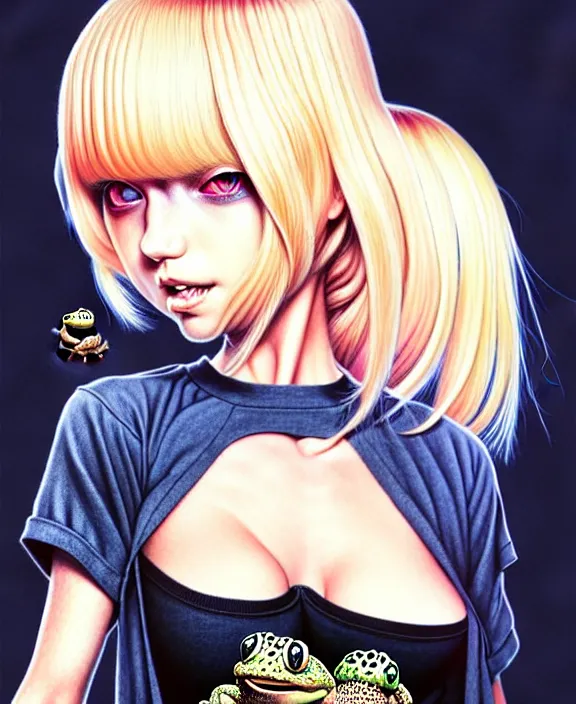 Prompt: richly detailed colored pencil 3D illustration of a beautiful French woman with short bleached blonde hair wearing a long Tshirt and black shorts about to be swallowed whole by a giant evil toad demon. art by Range Murata and Artgerm.