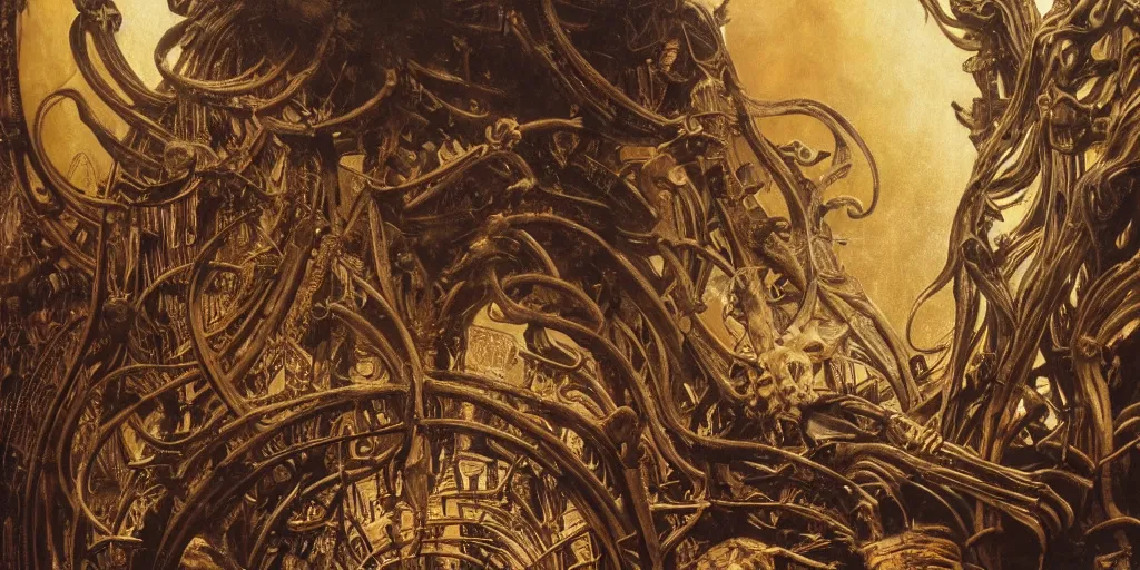 Image similar to ancient monument made of ribs and spines and teeth, gold ram horns, copper goat skulls, grand imposing powerful sculpture. swirls of mist. ominous clouds, intense light beams, lens flare. occult photorealism, uhd, amazing depth, volumetric lighting, cinematic lighting. epic landscape. alphonse mucha.