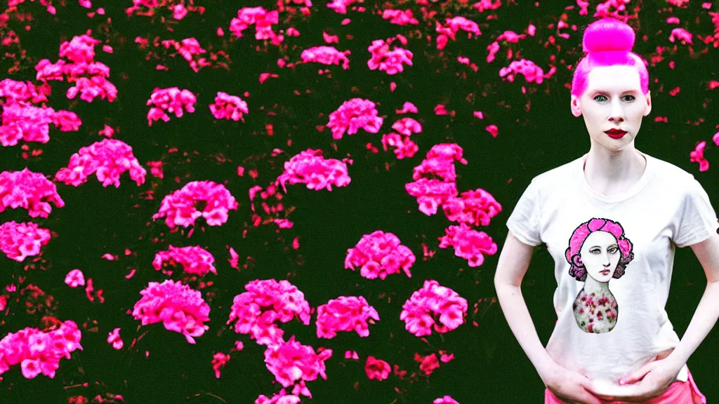 Image similar to portrait of a young pale woman with pink hair buns, wearing a red t-shirt, standing in a garden full of black flowers, intricate details, high detail, in a renaissance style, super-flat, punk