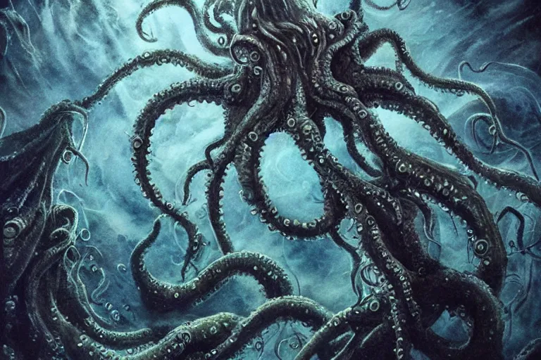 Prompt: old god eldritch horror terrifying the deep abyss of the ocean floor, epic scene, underwater photography, hyper - detailed, gigantic cthulhu, swarm of tentacles, dark art, watercolor paint, epic composition