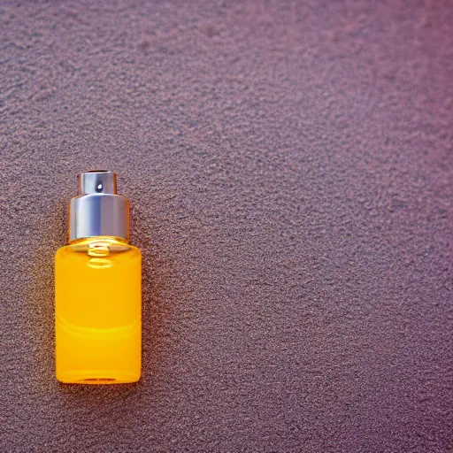 Prompt: bright perfume bottle sitting on a small mountain of clean desert sand, close up shot, upfront, with sunny bright blue sky and clouds in the background, softly - lit, soft - warm, zen, light, modern minimalist f 2 0 clean