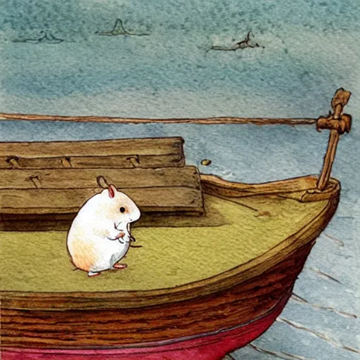 Image similar to a watercolor painting of a hamster in a boat by Beatrix Potter, behance, naive art, watercolor, storybook illustration, photoillustration