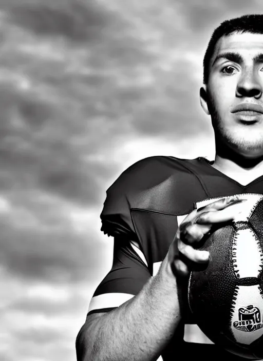 Prompt: football black and white portrait white sky in background