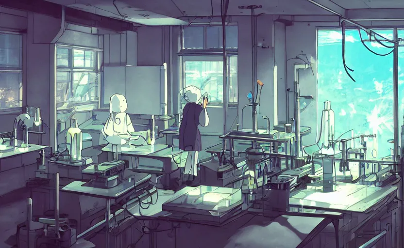 Image similar to a bio laboratory, crystal lights, mysterious atmosphere, cel - shading, cinematic, artstation, studio ghibli, miyazaki, highly details