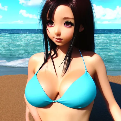 Prompt: Beautiful anime babe wearing a bikini at the beach, Highly Detailed, Photorealism, HD quality, 8k resolution, cinema 4d, 3D, unreal engine 5, high quality, beautiful, cinematic