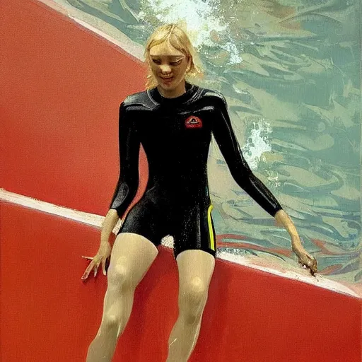 Prompt: a blond lifeguard in a wetsuit jumping into the pool. Kuvshinov ilya. Repin. Phil Hale