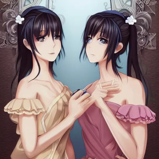 Image similar to a serious stare down between two beautiful maids standing face to face, detailed anime art