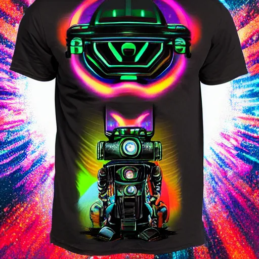 Prompt: black tshirt with a hyperdetailed portrait of a spaced out diesel punk robot, 8 k, symetrical, flourescent colors, multicolored,