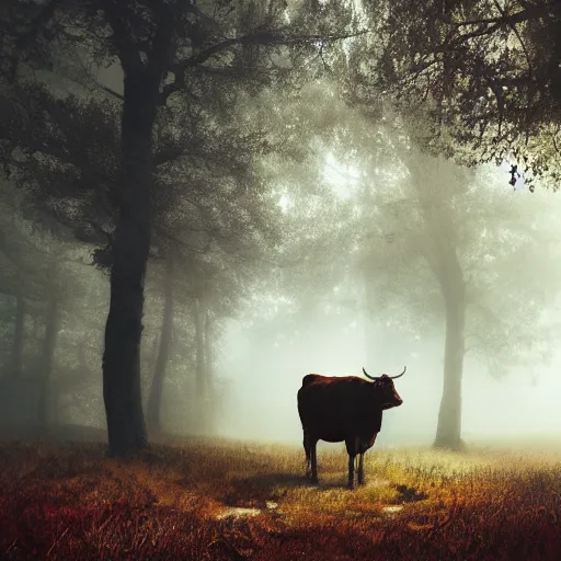 Image similar to Highly realistic painting of a cow standing in the middle of a dark forest, oak trees, fog, moody lighting, volumetric lighting