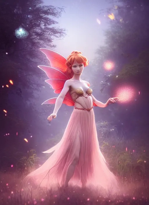 Prompt: high fantasy portrait of a red - headed early thirties female fairy, pixie, fae, imp, sprite in vctorian double bun hairstyle and sparkly, gleam baby pink coral outfit, elegant, intricate, highly detailed, smooth, sharp focus, ethereal, misty, fireflies in the backdrop. octane render, pastel color scheme, by hayao miyazaki.
