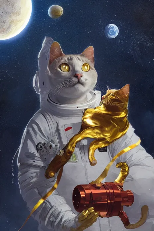 Prompt: space cat places cat flag on moon, highly detailed, digital painting, artstation, concept art, smooth, sharp focus, illustration, art by greg rutkowski and alphonse mucha