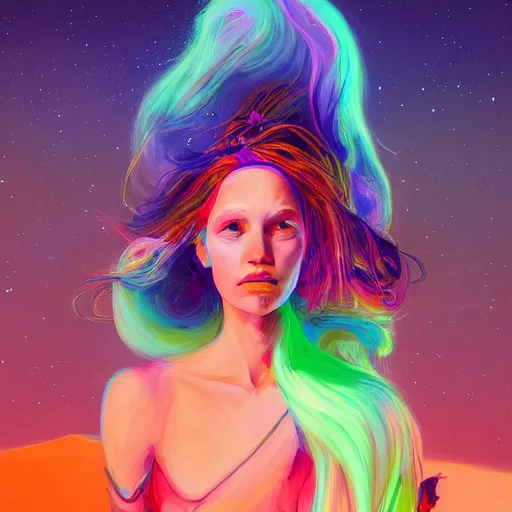 Image similar to colorful character portrait of a woman in a dark desert lit by the stars, wispy flowing hair, highly detailed face, very intricate, symmetrical, cinematic lighting, award - winning epic painting, painted by mandy jurgens, pan futurism, dystopian, bold colors, dark vibes, cyberpunk, groovy vibe, anime aesthetic, featured on artstation