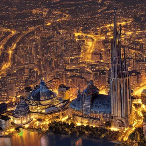 Image similar to fictional city in south america with gothic architecture at night, very details, photorealistic