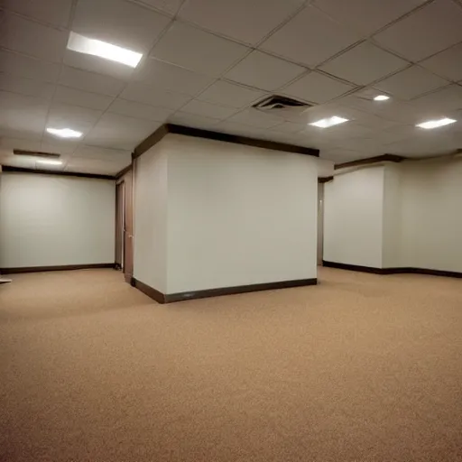 Image similar to a Polaroid photo of an ominous endless space of empty connecting rooms with vanilla colored wallpaper and brown carpet, no windows