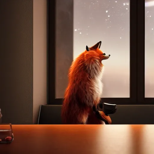 Prompt: beautiful humanoid fox detective in an restaurant, hyperrealism, moonlight through window. fine art, masterpiece 3 d render, octane render, 4 k