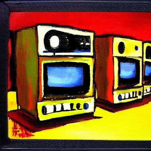Image similar to fuzzy, array of crt televisions, tv static, antenna, stacked, polaroid, steroids, adult video store, impressionist painting, painting, acrylic painting, cell shaded