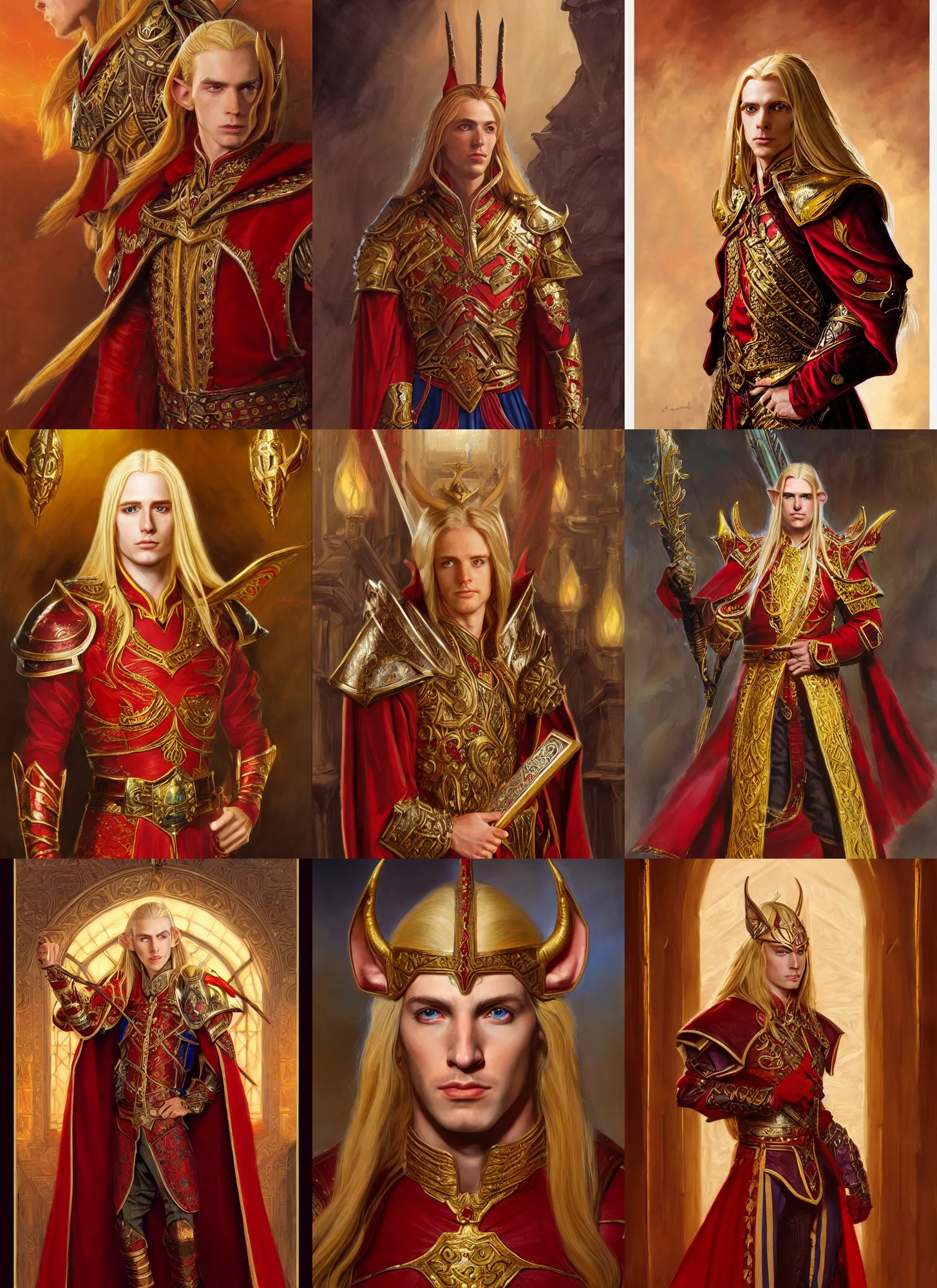 Prompt: a portrait of a noble high elf with long blonde hair, young adult male, wearing red and gold ornate attire, style by donato giancola, wayne reynolds, jeff easley dramatic light, high detail, cinematic lighting, artstation, dungeons and dragons