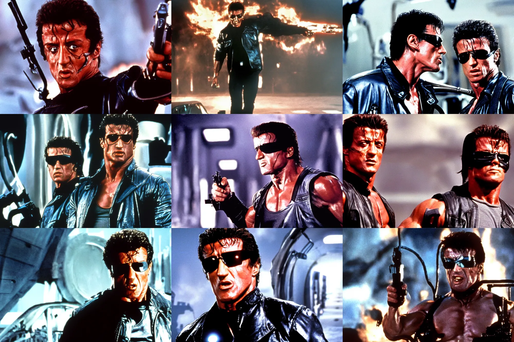 Prompt: film still of sylvester stallone as the terminator in terminator 2, imax, 4 k,