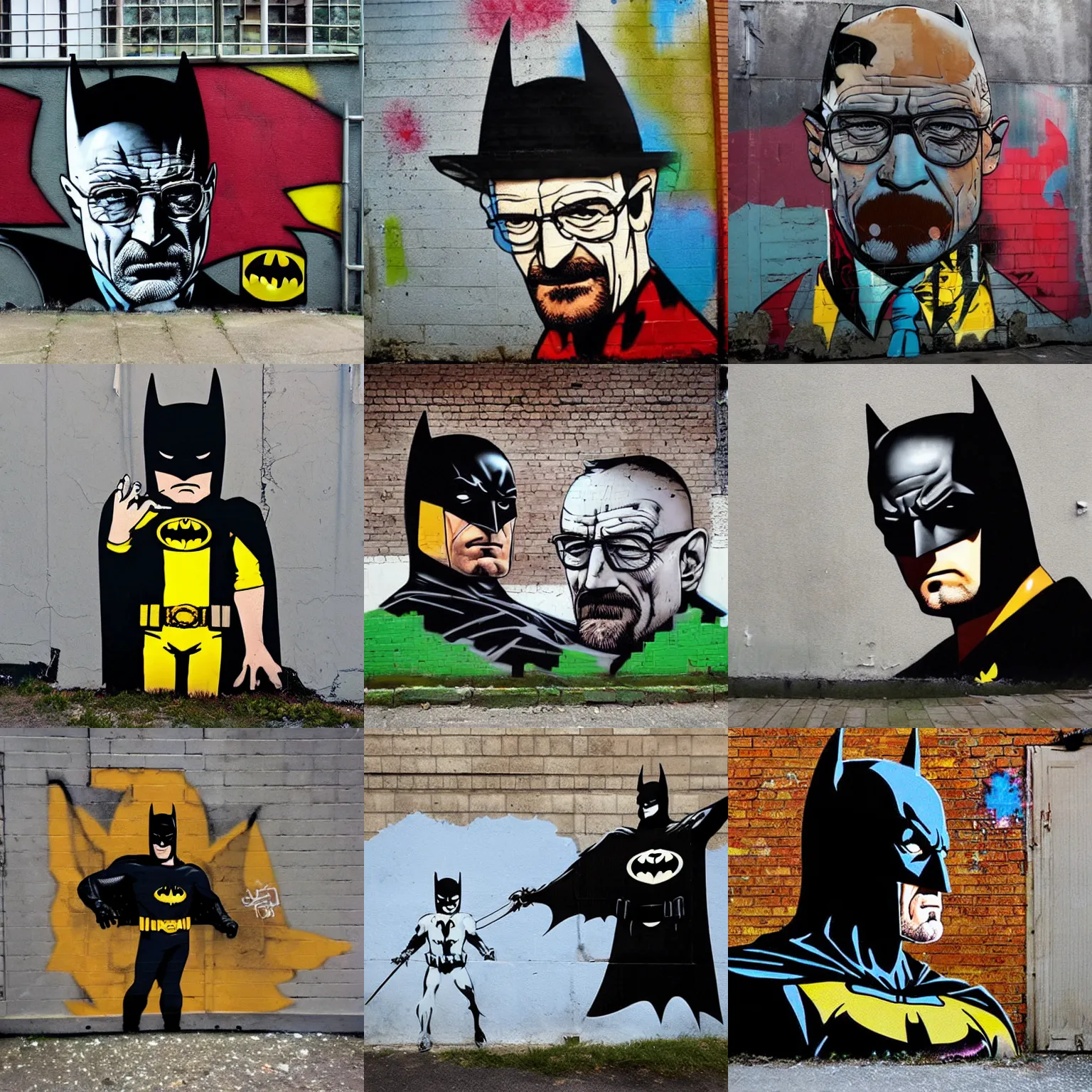 Prompt: Batman, Walter White as Batman, Urban Graffiti Banksy, Bordalo, trending on artstation