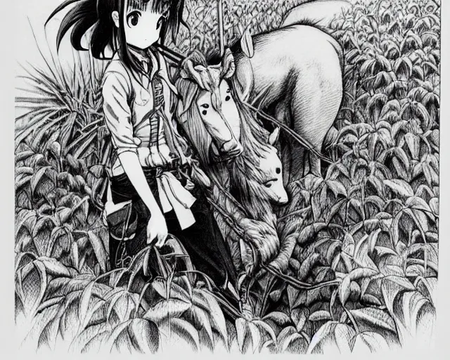 Image similar to Highly detailed and intricate ink drawing of an anime farmer tending to his crops with a pack animal || VERY VERY ANIME!!!, fine-face, realistic shaded perfect face, fine details. Anime. realistic shaded lighting poster by katsuhiro otomo, ghost-in-the-shell, ayami kojima