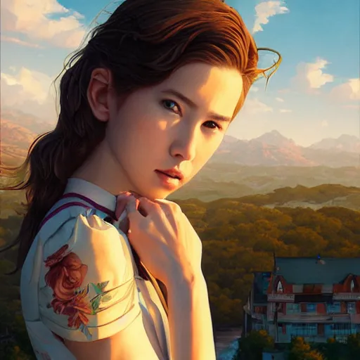 Image similar to a beautiful scenic painting by artgerm and wlop and wes anderson and spike jonze