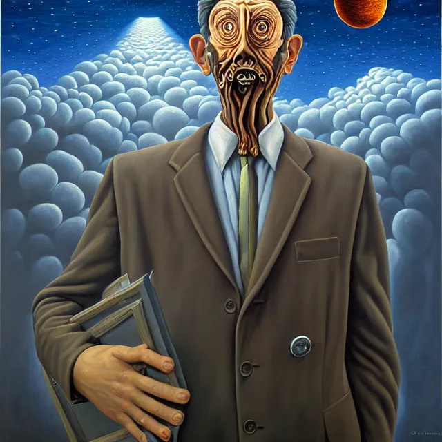 Prompt: an oil on canvas portrait painting of a business man, polycount, surrealism, surrealist, lovecraftian, cosmic horror, rob gonsalves, high detail