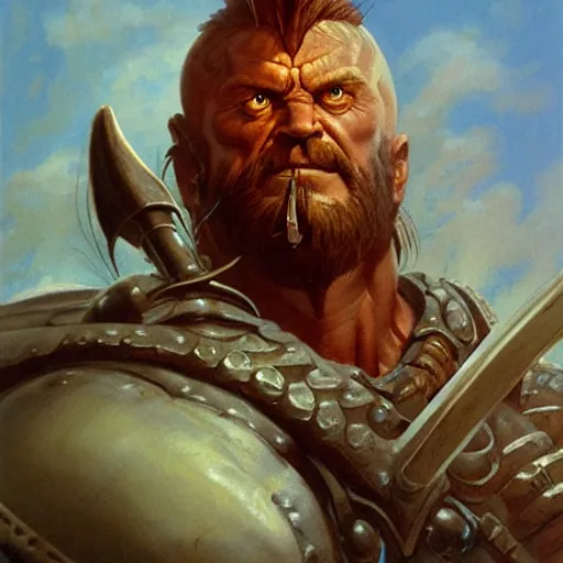 Image similar to head and shoulders portrait of a helmed fire giant with a giant sword, d & d, fantasy, greg rutkowski, frank frazetta, alexandre chaudret, boris vallejo, michael whelan, miro petrov, hr giger, magali villeneuve, donato giancola