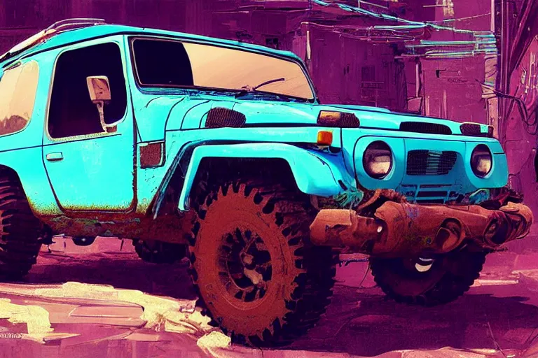 Image similar to digital illustration of a futuristic faded cyan mad max's fj 4 0 decrepit!!!! pursuit special, rusty!!! cyberpunk nissan fj cruiser heavily modded 1 9 9 0 s, the last v 8 interceptor by makoto shinkai, ilya kuvshinov, lois van baarle, rossdraws, basquiat