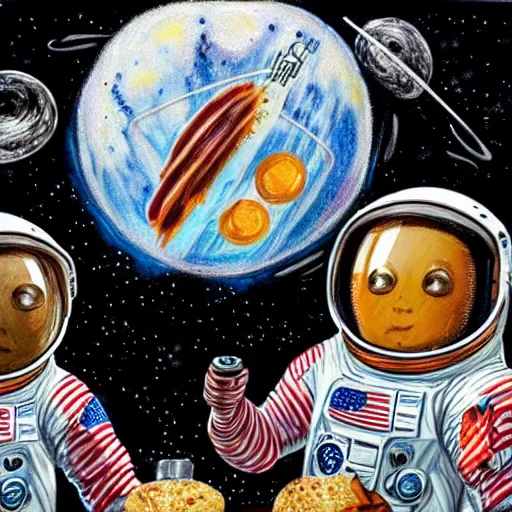 Image similar to American Breakfast in space drawn by Alan Bean