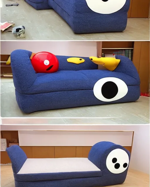 Prompt: an antropomorphic sofa by studio ghibli, googly eyes, cute, anime artstyle