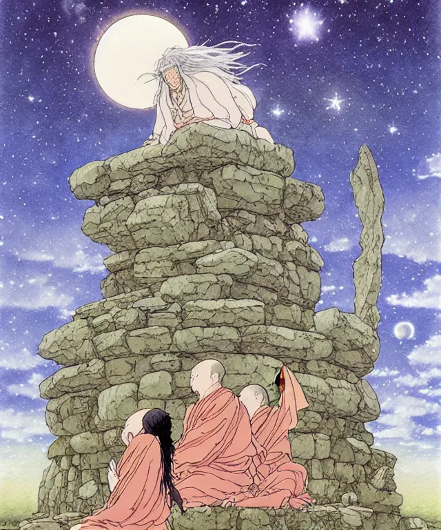 Prompt: a hyperrealist studio ghibli watercolor fantasy concept art of a giant long haired grey witch in lotus position sitting on top of stonehenge with a starry sky in the background. a group of tiny monks are praying them themselves. by rebecca guay, michael kaluta, charles vess