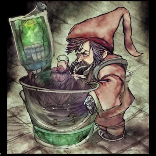 Prompt: Gnome Alchemist distilling botanicals, drawn by Yoji Shinkawa, water color, Dungeons and Dragons, Wizards of the Coast