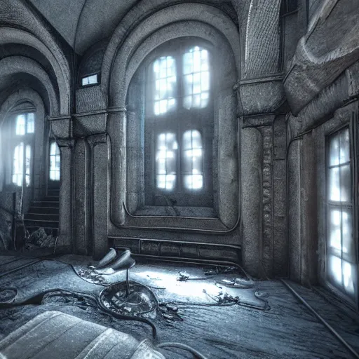 Image similar to interior mazelike architecture from quake, lovecraftian, liminal space, moody lighting, unreal engine 5, hyper detailed, hyper realistic