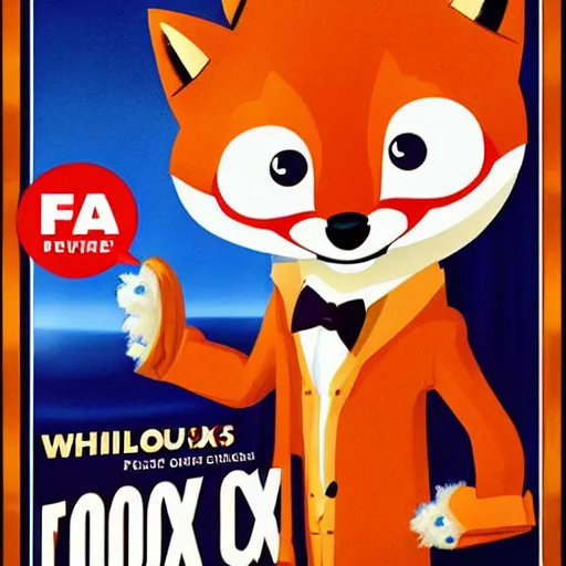 Image similar to comedy movie poster featuring an anthropomorphic fox wearing a white suit, fried chicken in the background, promotional media