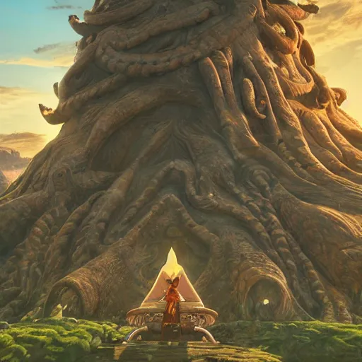 Prompt: An enormous labyrinth, Beautiful architecture, Statues, Highly detailed carvings, Atmosphere, Dramatic lighting, Epic composition, Close up, Low angle, Wide angle, by Miyazaki, Nausicaa Ghibli, Breath of The Wild