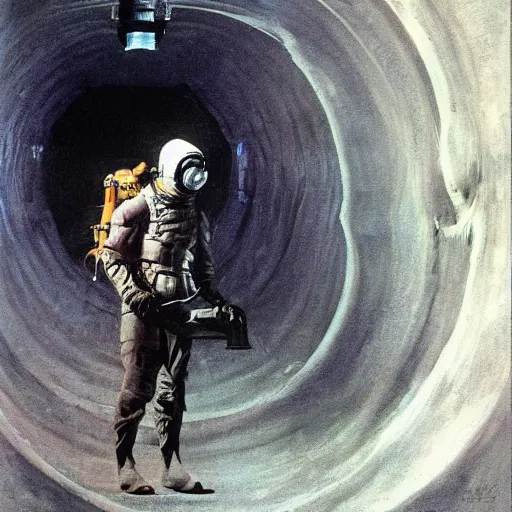 Prompt: portrait of a scientist in hazmat suit entering the abyss by frank frazetta