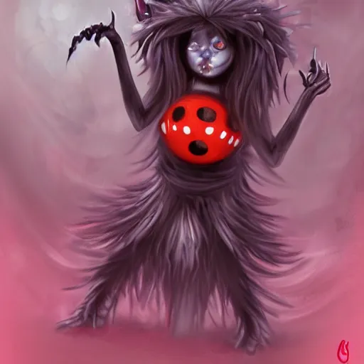 Image similar to ladybug as a monster character, fantasy art style, scary atmosphere, nightmare - like dream