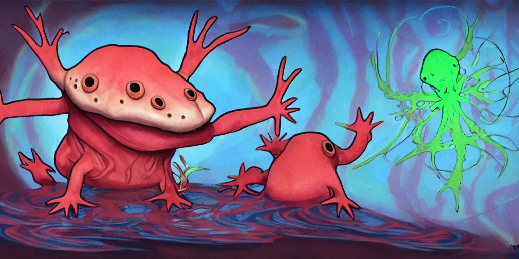 Prompt: an axolotl wizard. walt disney painting. extreme detail.