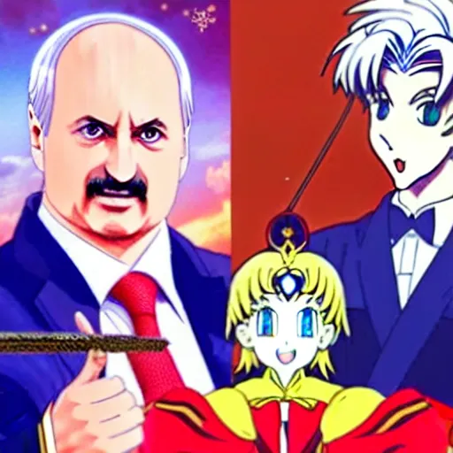 Image similar to president of belorussia, alexander lukashenko with golden long wand in his hands in anime style, sailor moon, anime, perfect faces, fine details