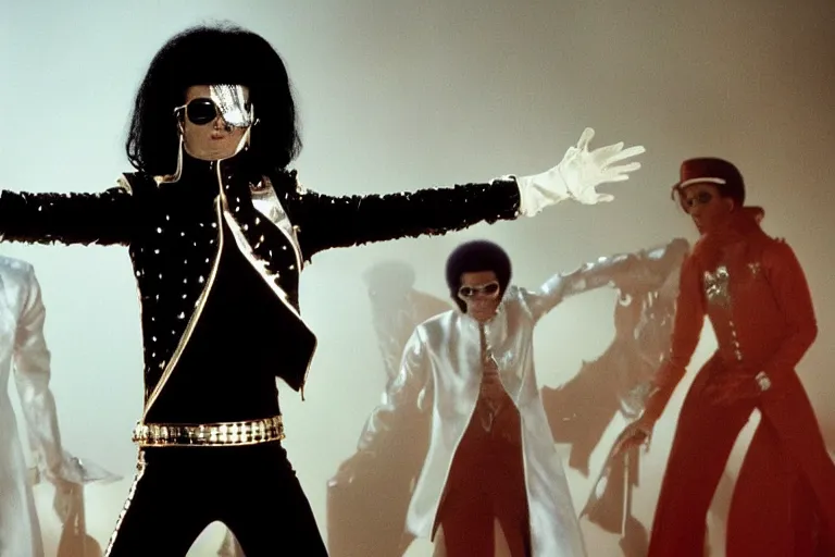 Prompt: Tilda Swinton as Michael Jackson in 'Jackson 5!' (2020), movie still frame, promotional image, imax 70 mm footage, oscar nominated cinematography, volumetric lighting, 8k resolution